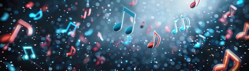Holographic 3D music notes floating in a dark space, 3D background music, modern and sleek