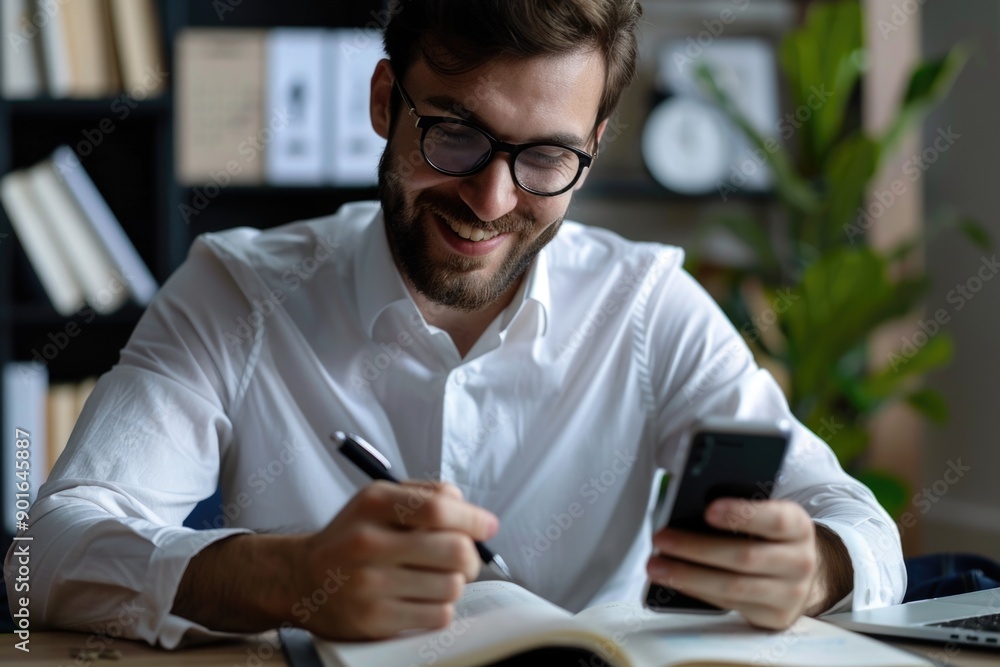 Aufkleber a man is sitting at a desk with a laptop and a cell phone. he is smiling and writing in a notebook
