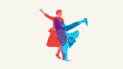 Captivating blend of classical and modern dance, featuring graceful woman and male breakdancer in dynamic motion. Contemporary art collage. Concept of dance styles, performance. Double exposure effect