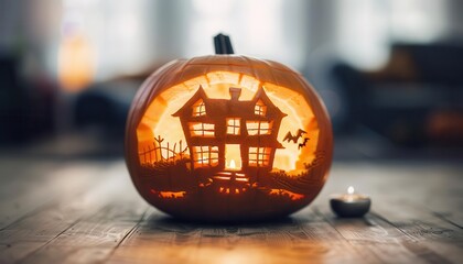 Pumpkin with a haunted house scene carved into it, Halloween, detailed carving