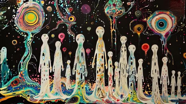 psychedelic artwork featuring abstract, elongated white figures against a black background, surrounded by colorful, swirling patterns and cosmic elements