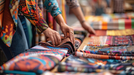 A dynamic photograph of a diverse group of people selecting fabric swatches from a catalog, vibrant colors and intricate patterns