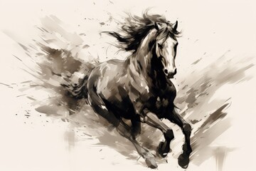 Black Horse Running with Watercolor Style