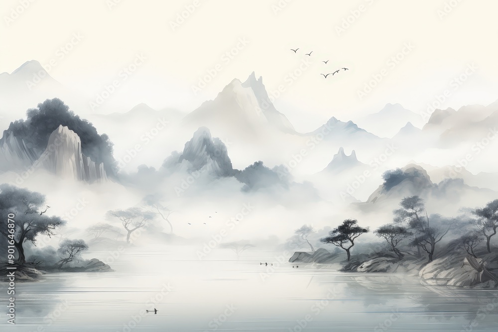 Wall mural Serene Mountain Landscape with Fog