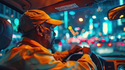 Obraz premium Taxi driver navigating through city traffic