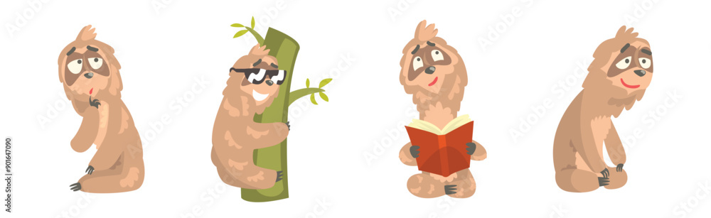 Poster funny sloth character engaged in different activity vector set