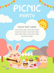 Kawaii Picnic Party Invitation with Adorable Bunny and Cat. Cute Picnic Party Poster Template with Happy Animals. Fun and Cheerful Picnic Party Design with Custom Text.