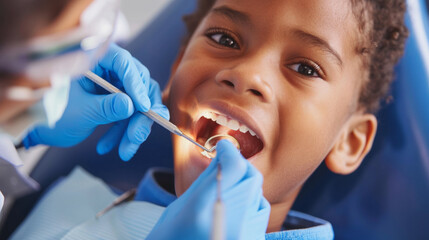 Dentist providing fluoride treatment to young patient at dental clinic during appointment
