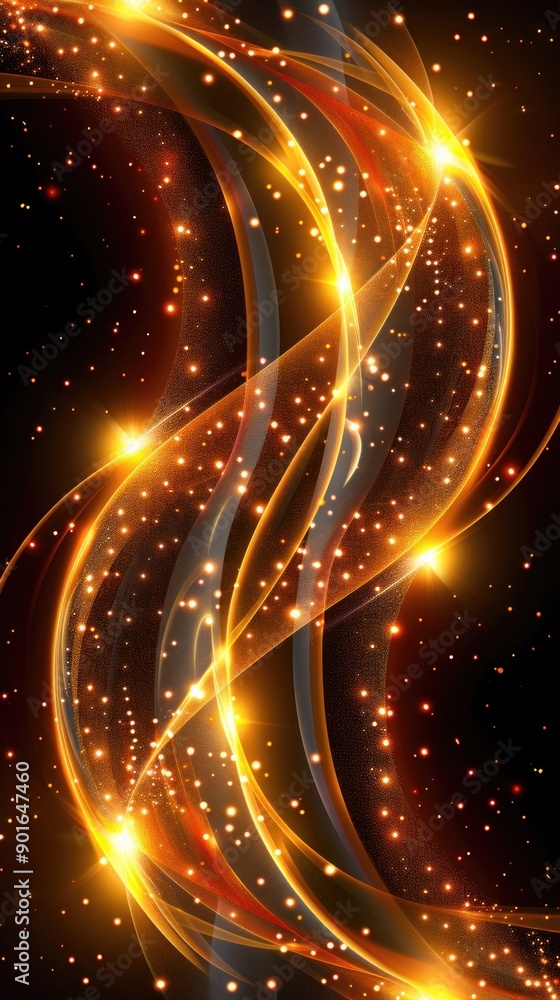 Poster abstract black and gold waves intertwine with glowing elements, creating a captivating visual