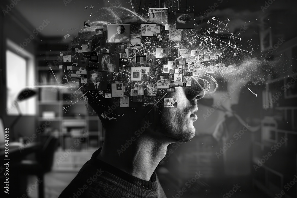 Poster A person deep in thought experiences a surge of creative ideas visually represented in a swirl of images escaping their mind. Generative AI