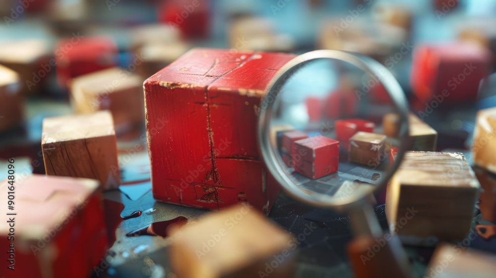 Poster a close up of a red box with a magnifying glass on top of it. the box is surrounded by other wooden 