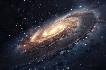 Fototapeta premium A spiral galaxy with a bright yellow center. The galaxy is filled with stars and is surrounded by a dark blue background. Concept of wonder and awe at the vastness of the universe