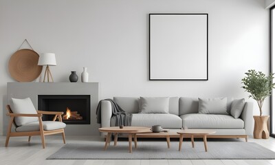 Modern living room with a gray sofa, a wooden coffee table, and blank framed Canvas on the wall. The room has a minimalist and cozy atmosphere