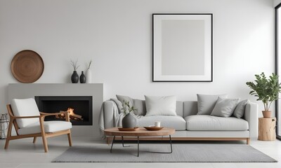 Modern living room with a gray sofa, a wooden coffee table, and blank framed Canvas on the wall. The room has a minimalist and cozy atmosphere