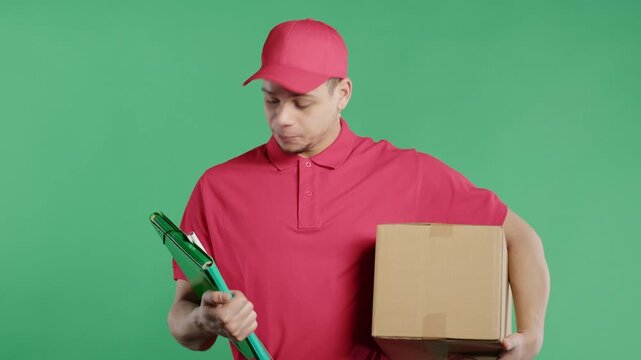Positive postal courier man with parcel box. Happy postman delivers address package on green studio background.