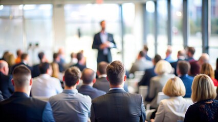 Business Conference with Focused Speaker - A business conference where the speaker is in focus and the audience is blurred.
