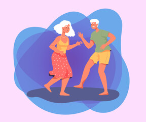 Elderly couple dancing. Senior man and woman having fun at party flat vector illustration. Music, entertainment, summer, vacation concept for banner or landing page