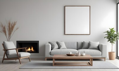 Modern living room with a gray sofa, a wooden coffee table, and blank framed Canvas on the wall. The room has a minimalist and cozy atmosphere