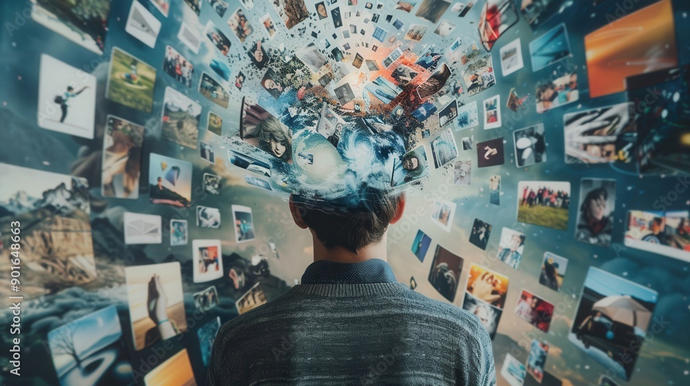 Aufkleber A person stands with their back turned, immersed in a vibrant display of diverse imagery, visualizing thoughts and ideas during a brainstorming process. Generative AI