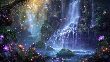 A magical forest with towering waterfalls surrounded by glowing plants.