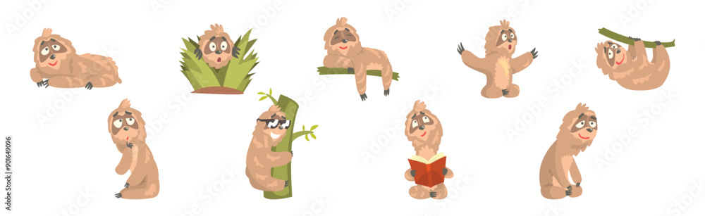 Poster funny sloth character engaged in different activity vector set