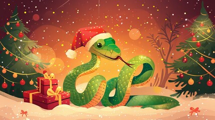 A cute cartoon green snake in a Santa hat with a red gift sits near the Christmas tree.2025