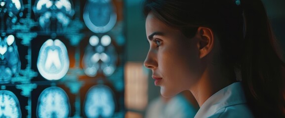 Experienced neurologist analyzing brain scans with high-tech equipment, demonstrating her exceptional diagnostic skills and expertise