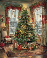 Fototapeta premium Classic Christmas card with a beautifully decorated tree, presents, and warm holiday message.