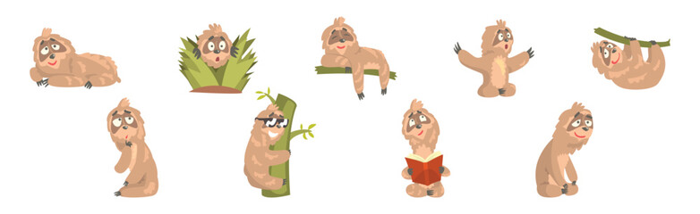 Funny Sloth Character Engaged in Different Activity Vector Set