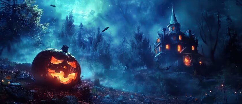 Evil pumpkin in a 3D Halloween scene with a haunted house, spooky dark forest at night, ideal for a holiday event banner