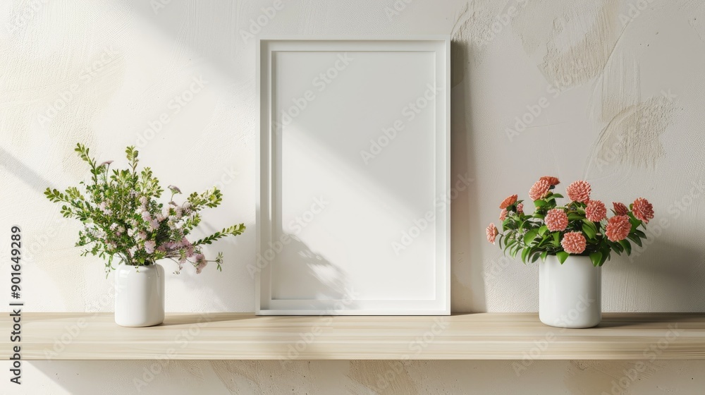 Poster empty frame mockup on shelf with flowers space for copy