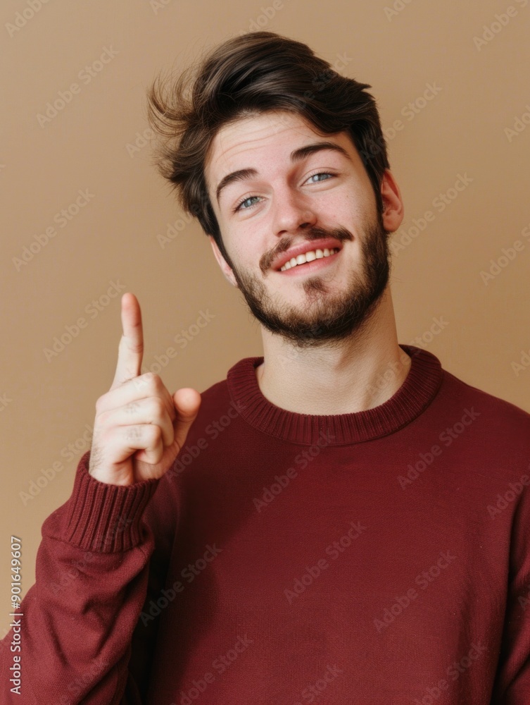Poster a man with a beard and a red sweater is pointing at something. he is smiling and he is happy