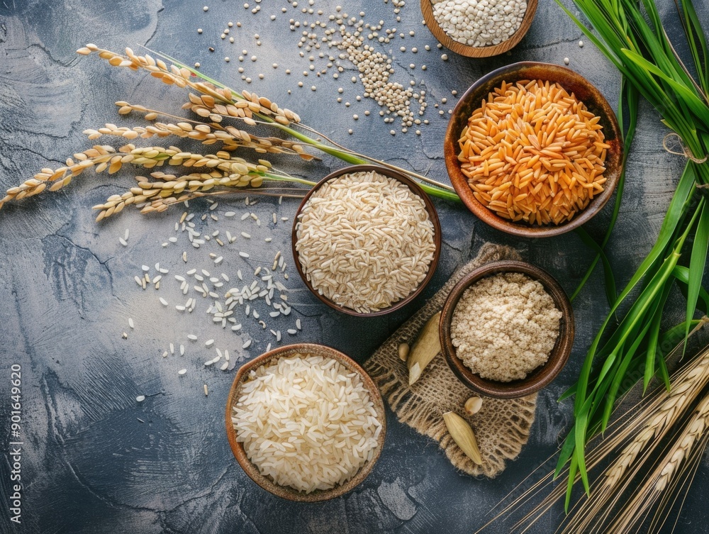Poster a variety of rice and other grains are displayed in bowls on a table. the bowls are arranged in a wa