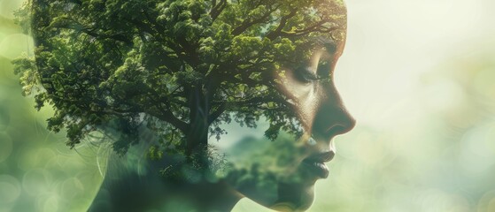 Portrait of a person with a tree growing from their head, merging nature and human responsibility for ESG sustainability