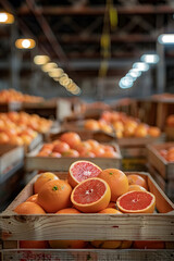 Grapefruits harvested in wooden boxes in a warehouse. Natural organic fruit abundance. Healthy and...