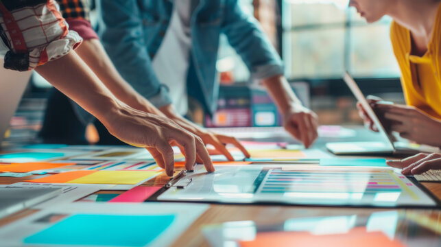 Collaborative team brainstorming new ideas using colorful visuals and interactive materials