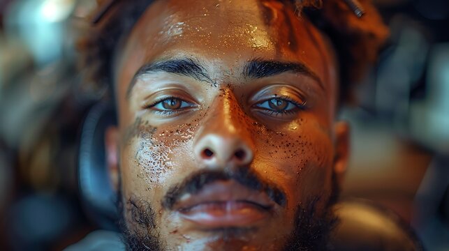 Barber using scissors to trim a young man's beard emphasizing precision and style in grooming set in a contemporary barbershop
