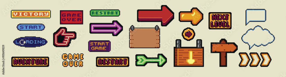 Poster pixel art frames. retro 8 bit buttons, arrows, speech bubble messages, food and quote frame. game ui