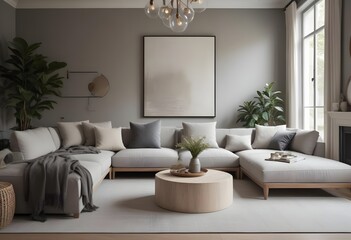 Modern and cozy living room with a large gray sectional sofa, a round wooden coffee table, and blank canvas framed on the wall. The room has a neutral color palette with gray and beige tones