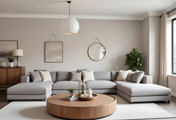 Modern and cozy living room with a large gray sectional sofa, a round wooden coffee table, and blank canvas framed on the wall. The room has a neutral color palette with gray and beige tones