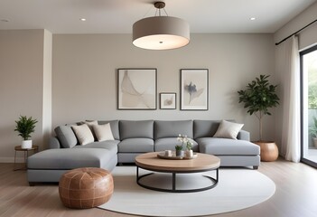 Modern and cozy living room with a large gray sectional sofa, a round wooden coffee table, and blank canvas framed on the wall. The room has a neutral color palette with gray and beige tones