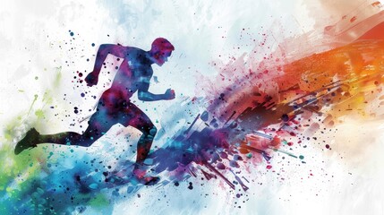 Runner in mid-stride, painted in a dynamic watercolor style with energetic splashes, on a white background