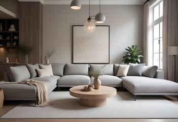 Modern and cozy living room with a large gray sectional sofa, a round wooden coffee table, and blank canvas framed on the wall. The room has a neutral color palette with gray and beige tones