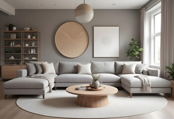 Obraz premium Modern and cozy living room with a large gray sectional sofa, a round wooden coffee table, and blank canvas framed on the wall. The room has a neutral color palette with gray and beige tones