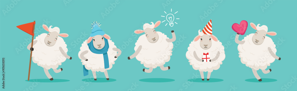 Aufkleber wooly white sheep character engaged in different activity vector set