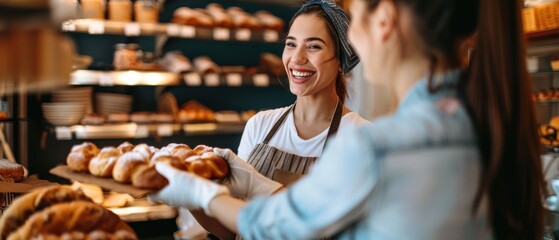 Obraz premium Smiling female bakery owner, captured in a candid moment, handing a customer their order, demonstrating her exemplary customer service skills
