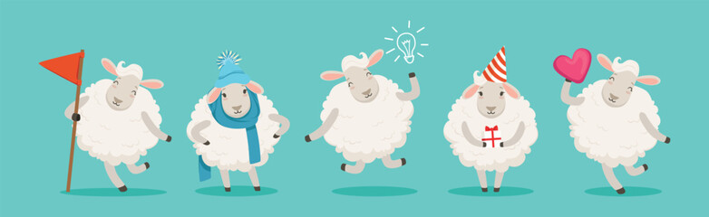 Wooly White Sheep Character Engaged in Different Activity Vector Set