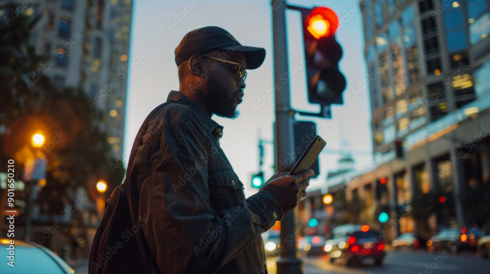 Poster man checking emails at a stoplight in a busy urban environment during early evening hours