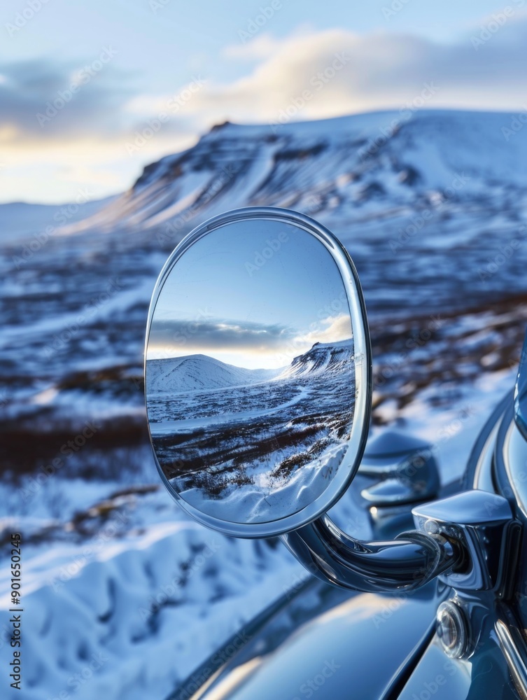Poster a car's rear view mirror reflects a snowy mountain range. the mirror is angled to show the reflectio