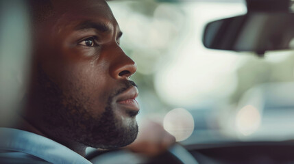 Man intently checking car mirrors before driving in an urban area on a sunny day